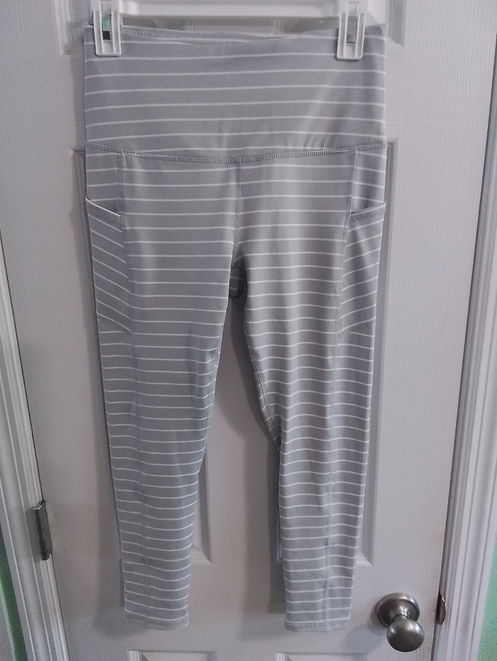 Gaiam Striped Gray & White Leggings with Side Pockets